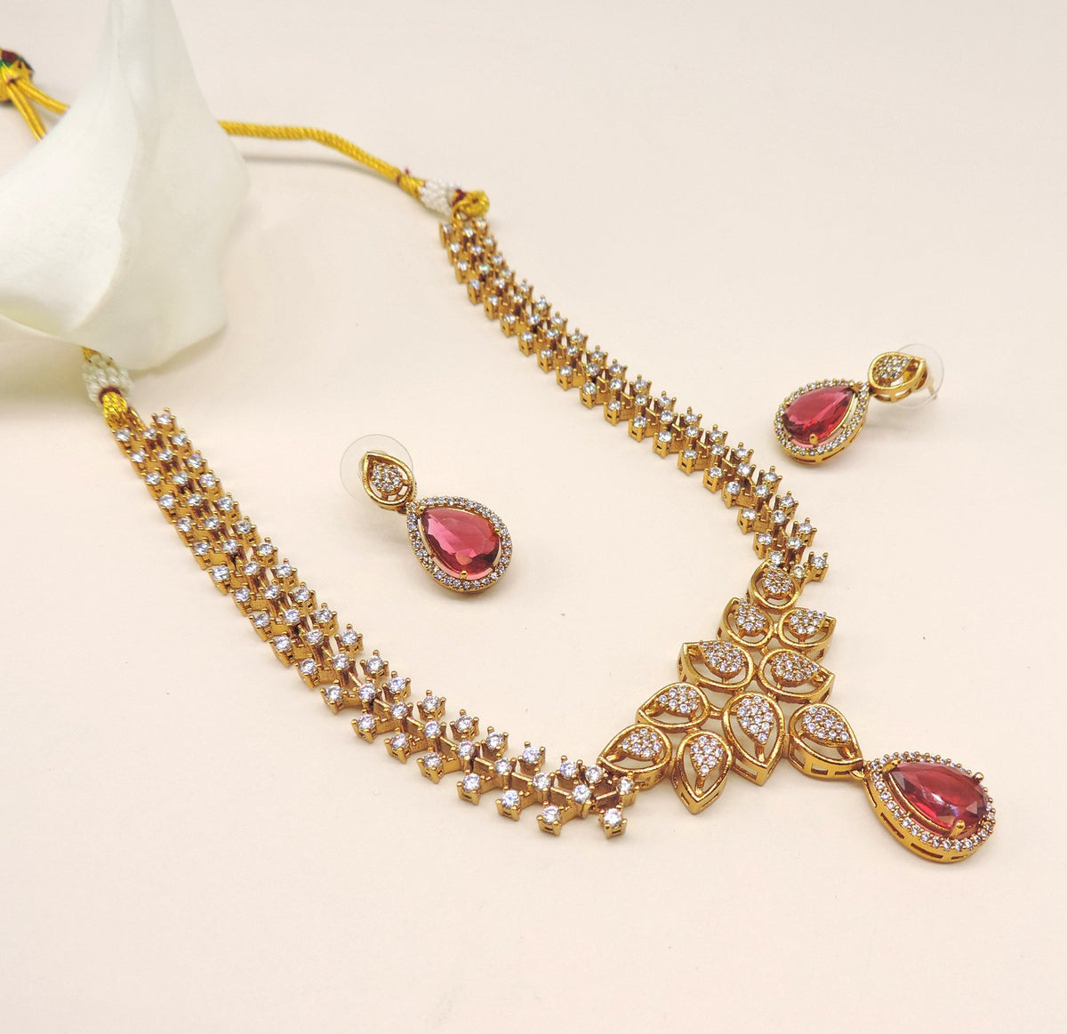 Gold plated necklace with ruby stones – Indian ruby necklace for weddings USA – Joyrias