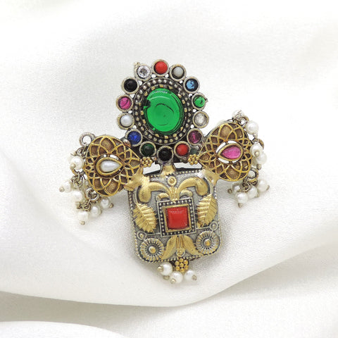 Oxidized green CZ AD multicolor ring with pearl drops and ornate detailing from joyrias