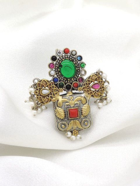 Oxidized green CZ AD multicolor ring with pearl drops and ornate detailing from joyrias