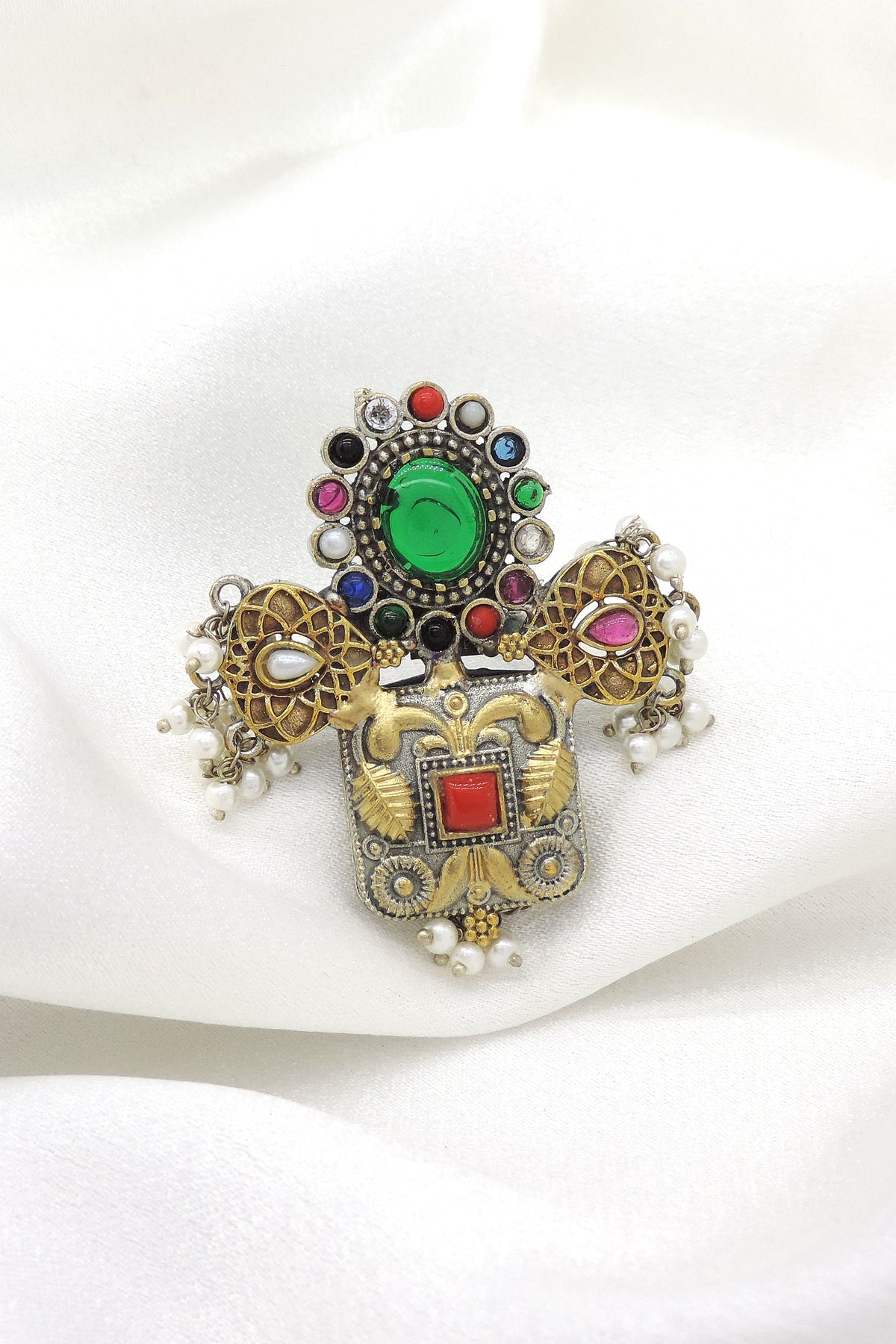 Oxidized green CZ AD multicolor ring with pearl drops and ornate detailing from joyrias