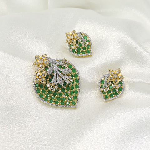 Emerald Leaf Designer Pendant Set with Floral Zircon Detailing