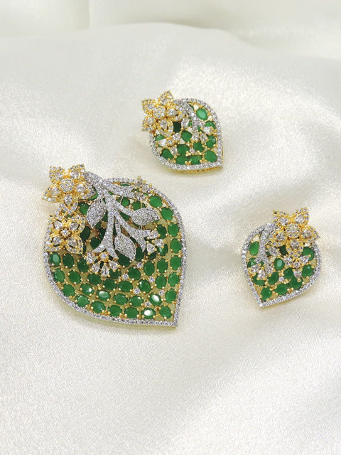 Emerald Leaf Designer Pendant Set with Floral Zircon Detailing