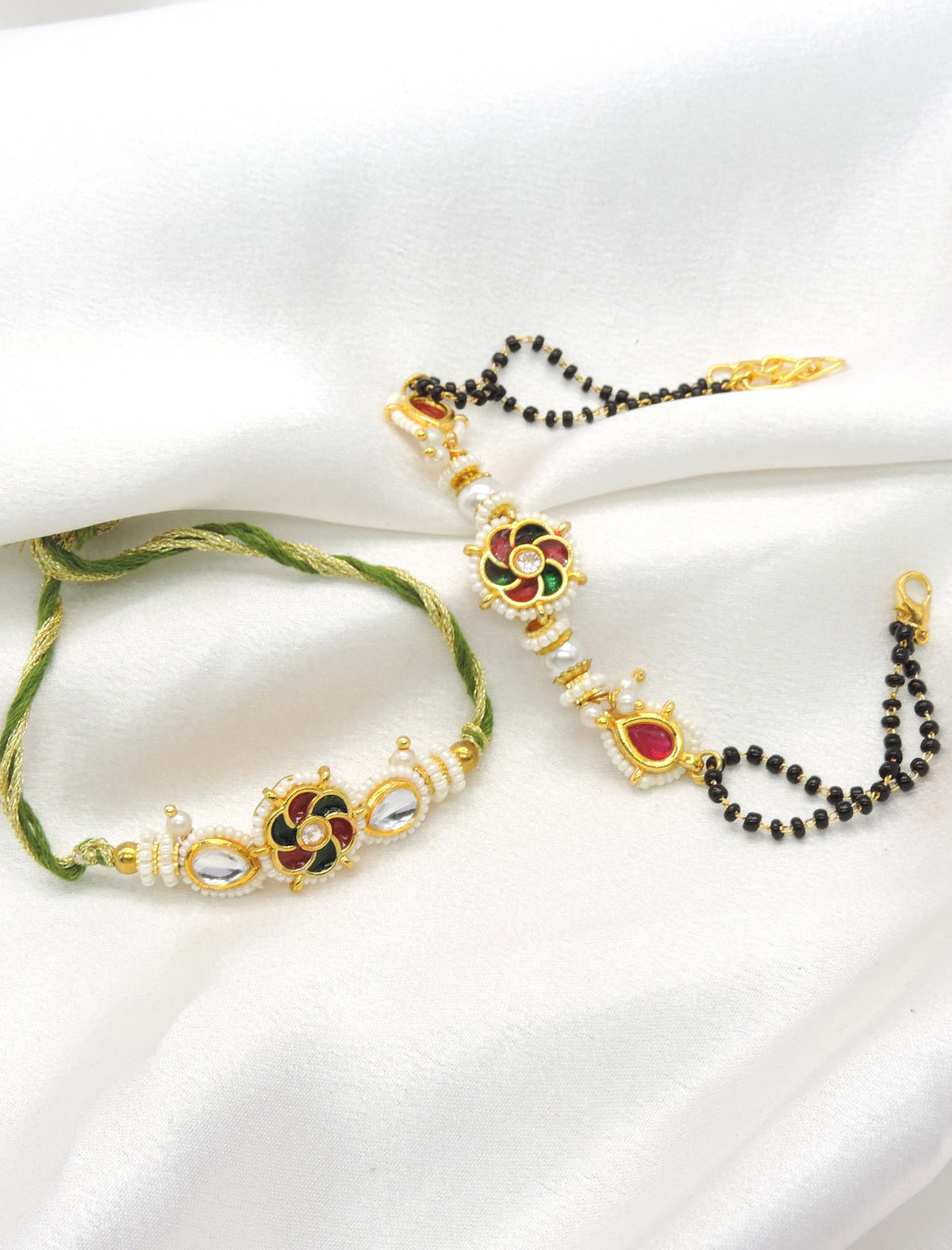 Floral Kundan Bhaiya Bhabhi Rakhi Set