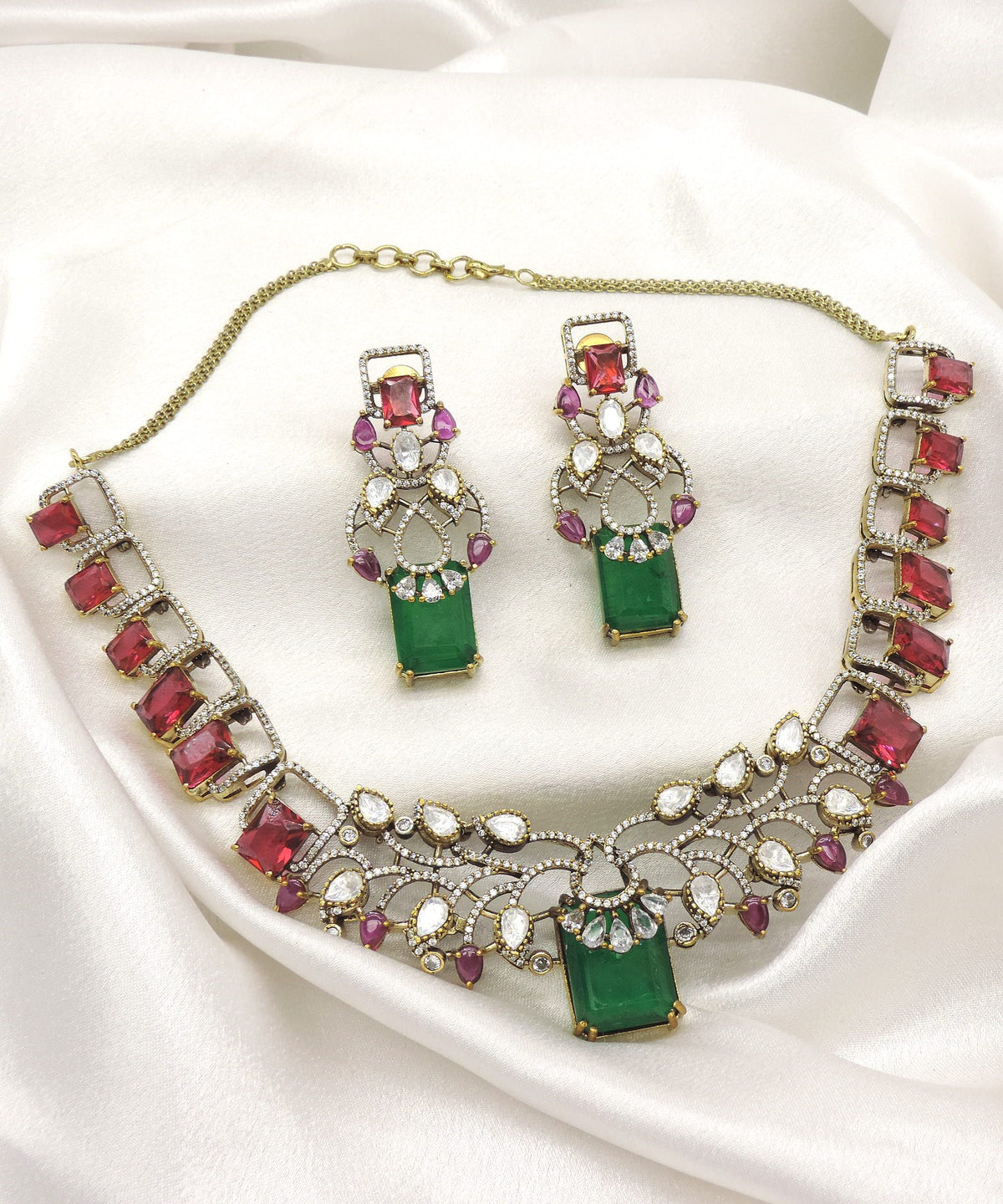 Ruby Emerald Royal AD Necklace Set by Joyrias