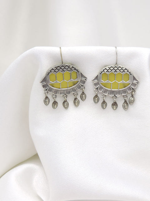 Oxidized Silver Green Enamel Geometric Drop Earrings