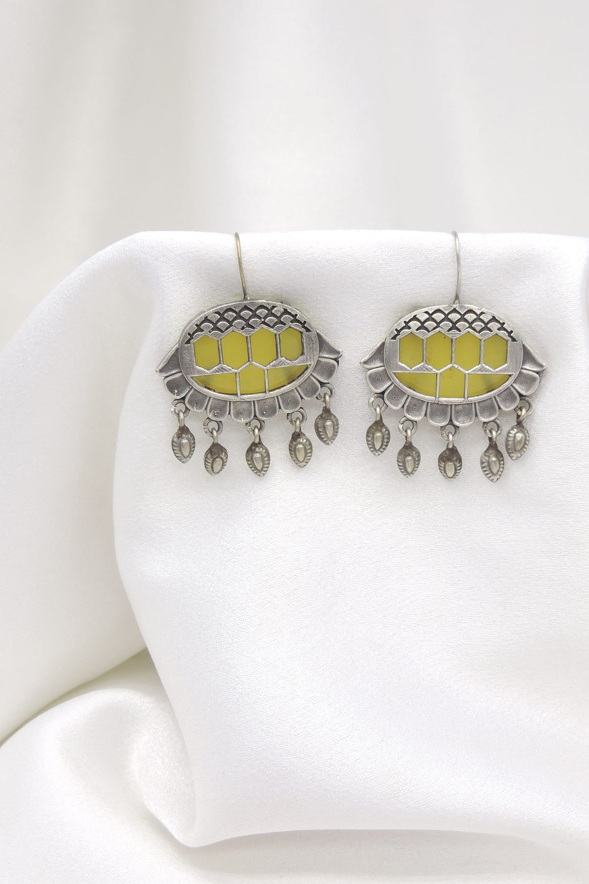 Oxidized Silver Green Enamel Geometric Drop Earrings