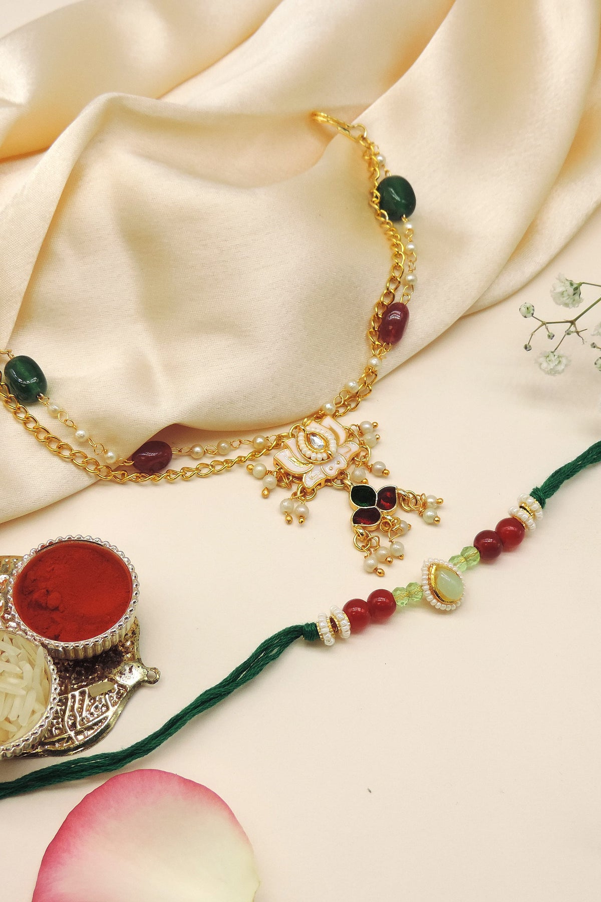 Lotus Kundan Pearl Bhaiya Bhabhi Rakhi Set