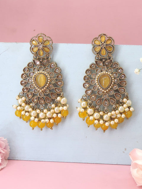 Yellow Kundan and pearl chandelier earrings – Indian festive party jewelry USA – Joyrias