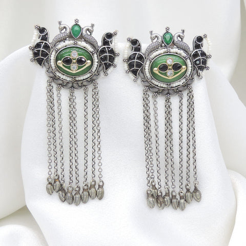Oxidized dual-tone green stone long chain earrings with traditional bird detailing by joyrias
