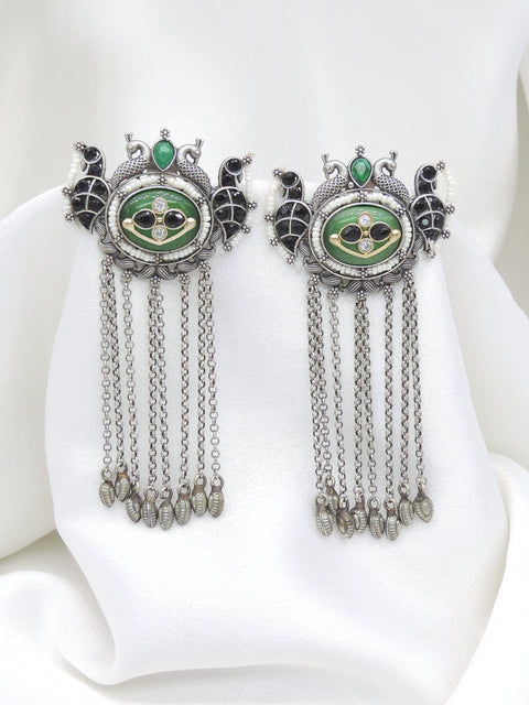 Oxidized dual-tone green stone long chain earrings with traditional bird detailing by joyrias