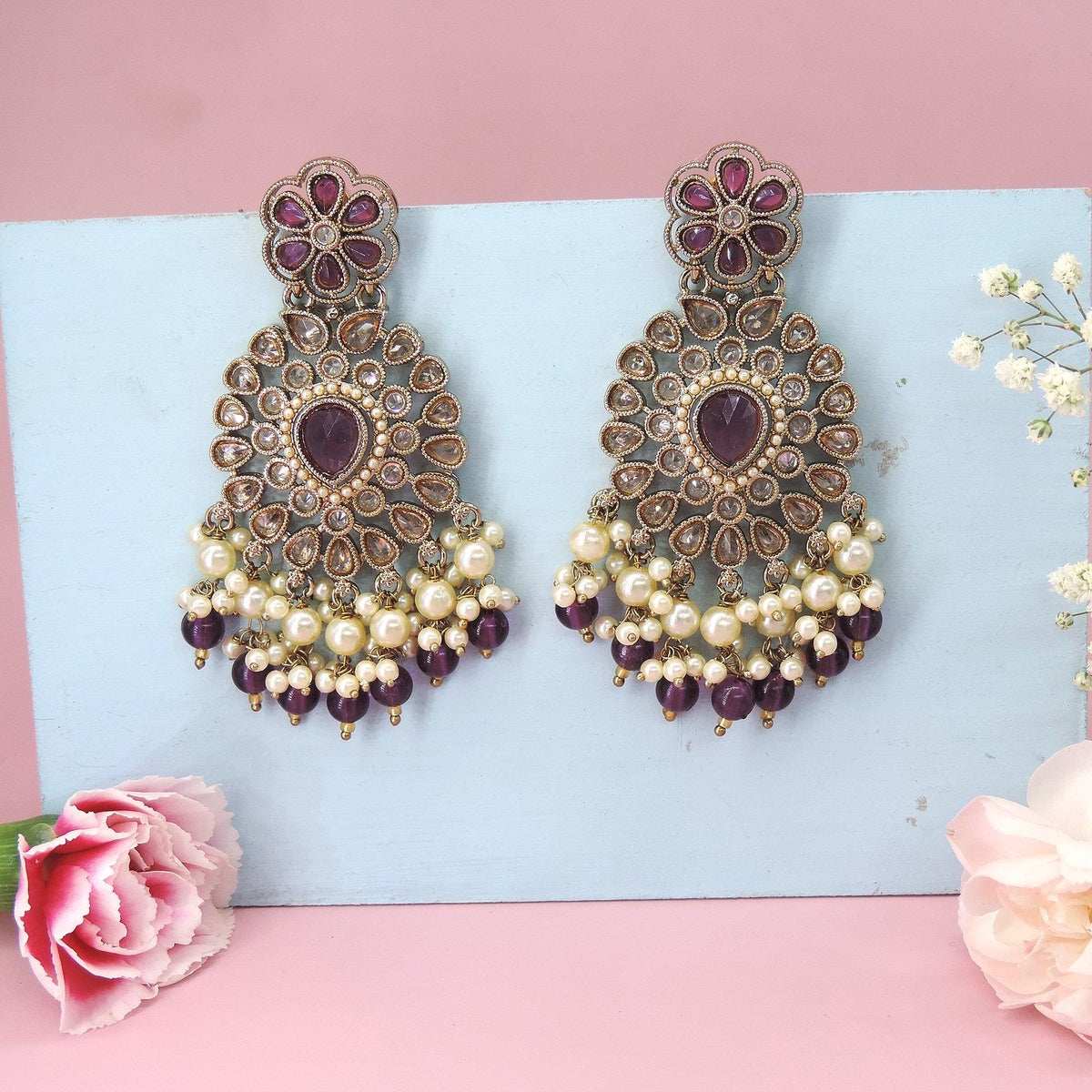 Purple and gold Kundan pearl statement earrings – regal Indian festive earrings USA – Joyrias