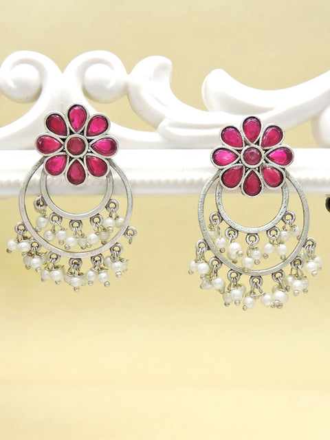 Pastel Floral Hoop Earrings with Pearl Drops – Oxidized Statement Earrings
