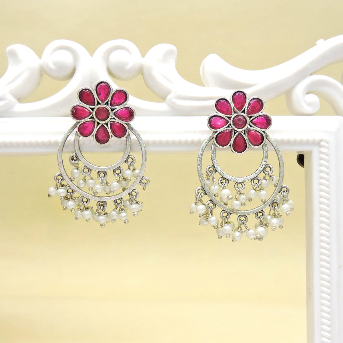Pastel Floral Hoop Earrings with Pearl Drops – Oxidized Statement Earrings