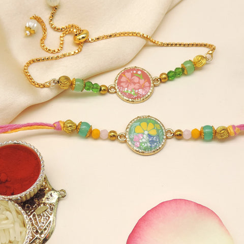Enamel Floral Disc Bhaiya Bhabhi Rakhi Set