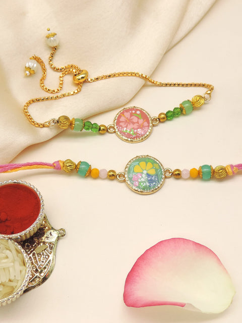 Enamel Floral Disc Bhaiya Bhabhi Rakhi Set