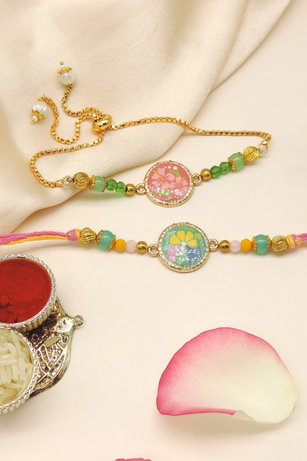 Enamel Floral Disc Bhaiya Bhabhi Rakhi Set