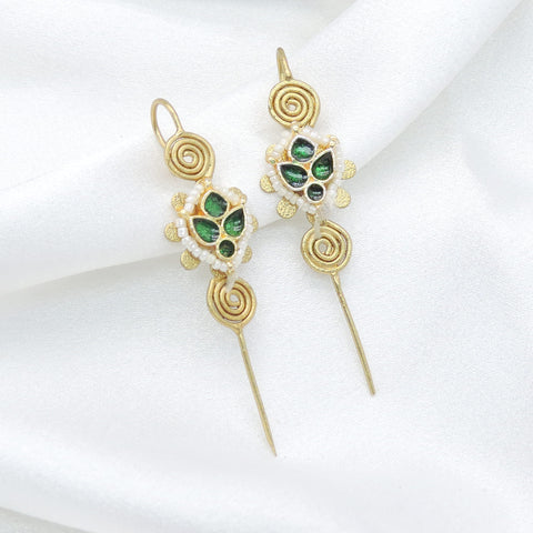 Gold-toned green spiral floral ear cuff earrings with white bead detailing by joyrias