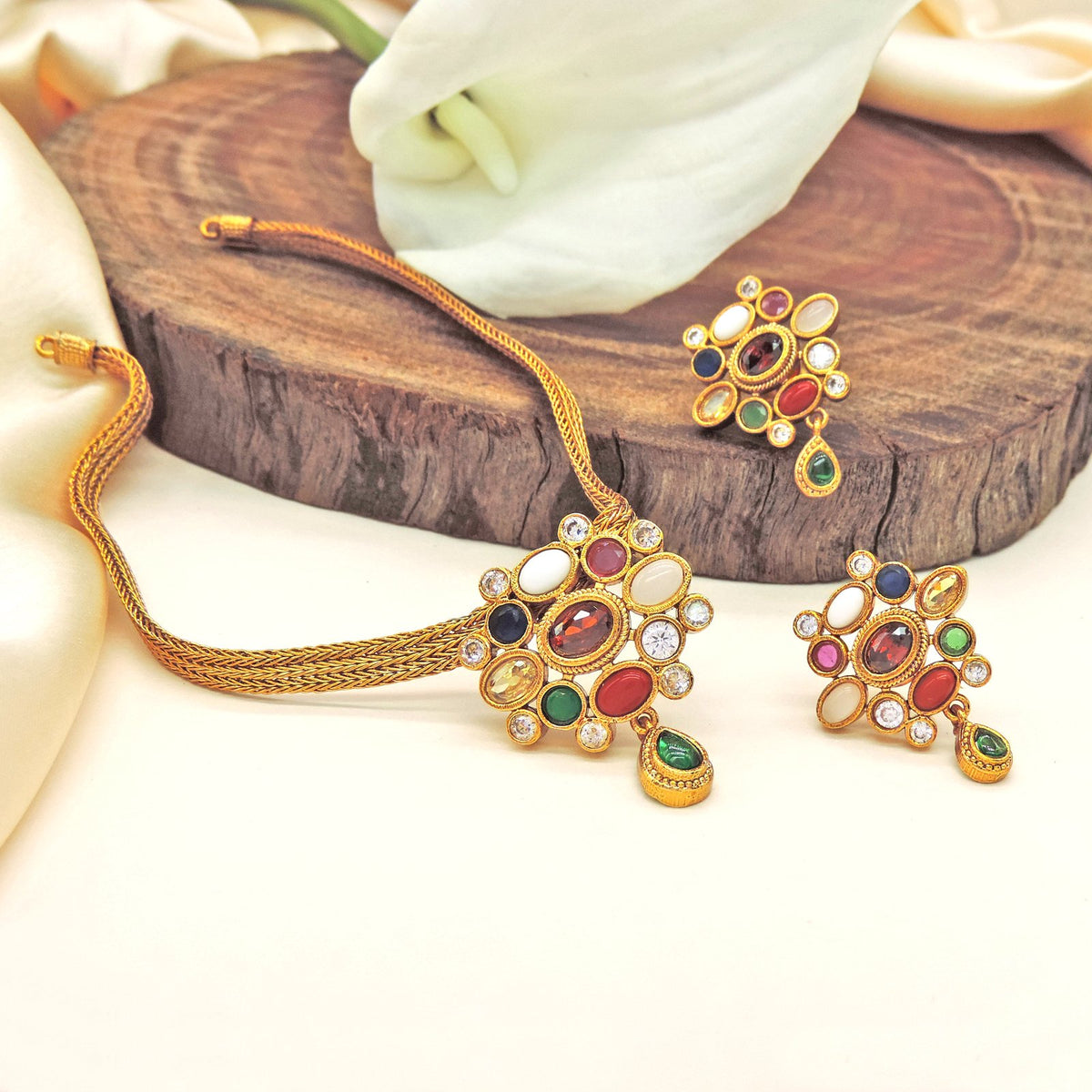 Multicolor gold plated necklace – Indian colorful statement necklace for ethnic wear USA – Joyrias