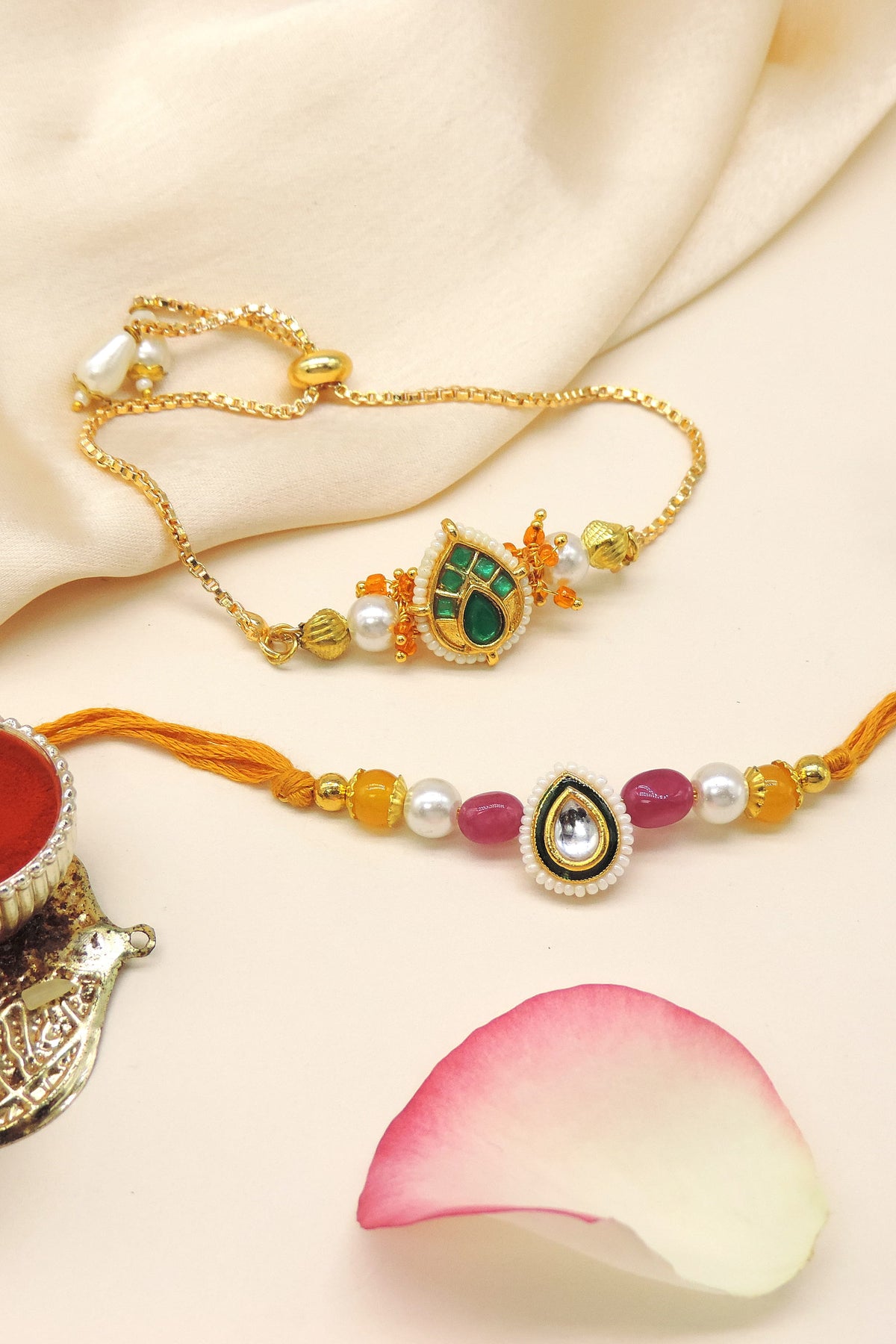 Purple Pink Kundan Pearl Bhaiya Bhabhi Rakhi Set