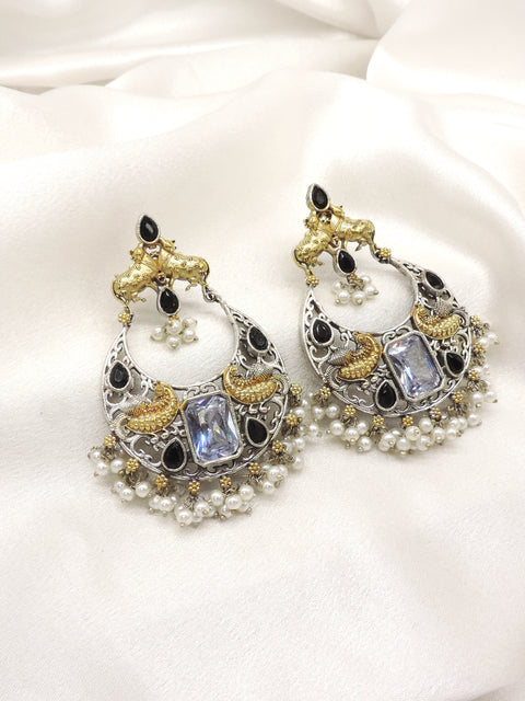 Peacock Dual Tone Pearl Cuff Earrings