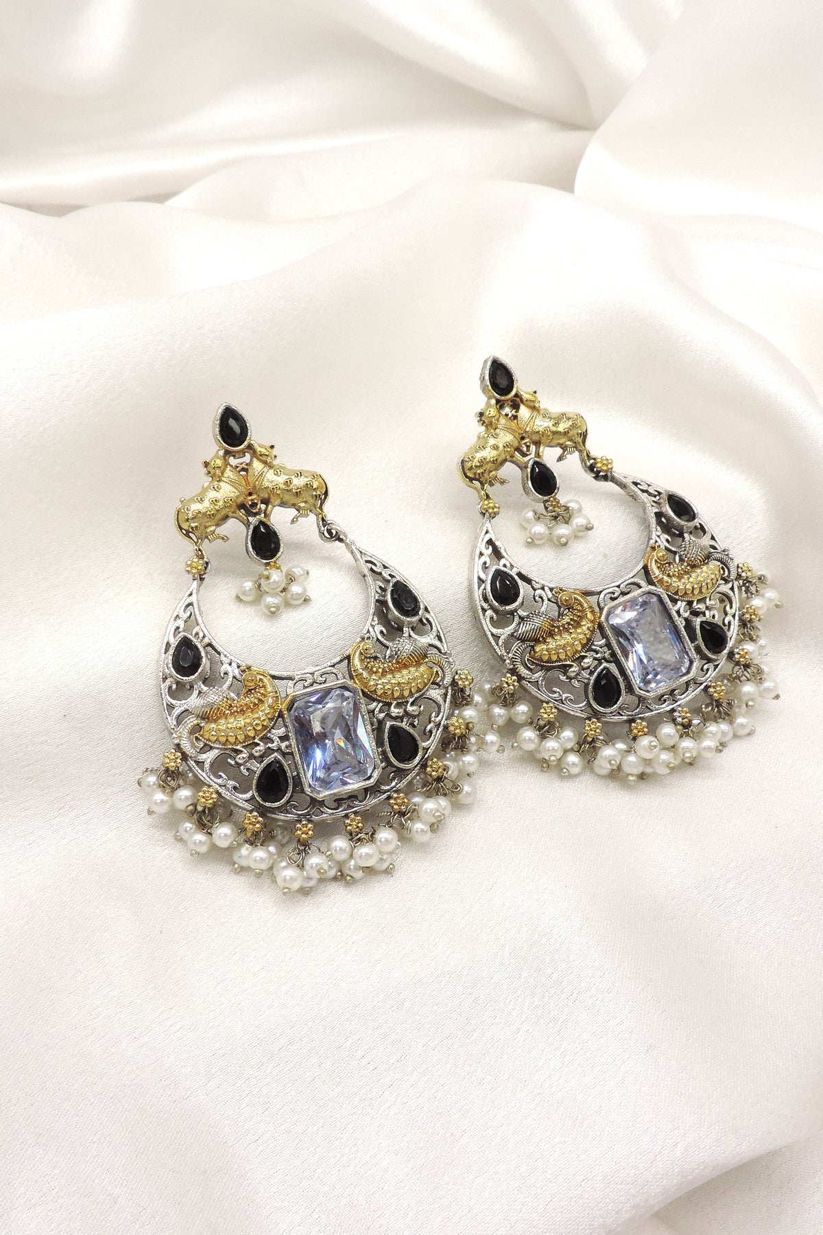 Peacock Dual Tone Pearl Cuff Earrings