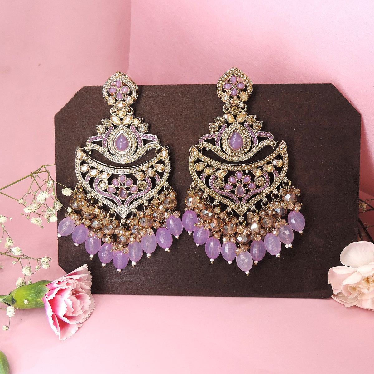Lavender Kundan and crystal statement earrings – royal Indian festive collection USA – Joyrias