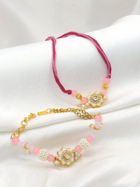 Floral Meenakari Kundan Bead Bhaiya Bhabhi Rakhi Set