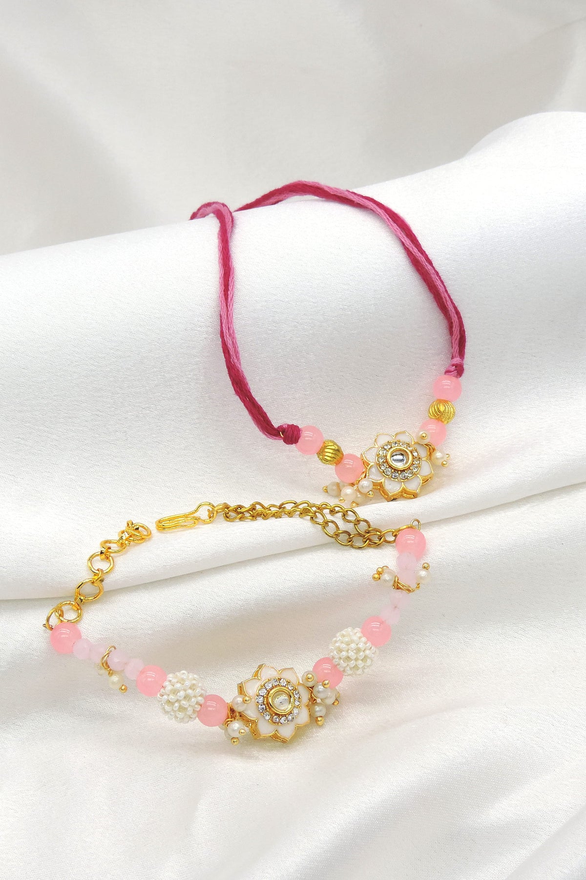 Floral Meenakari Kundan Bead Bhaiya Bhabhi Rakhi Set
