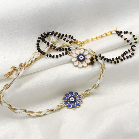 Evil eye floral enamel bhaiya bhabhi rakhi set by Joyrias