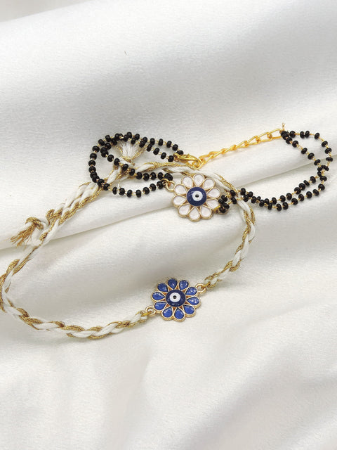 Evil eye floral enamel bhaiya bhabhi rakhi set by Joyrias
