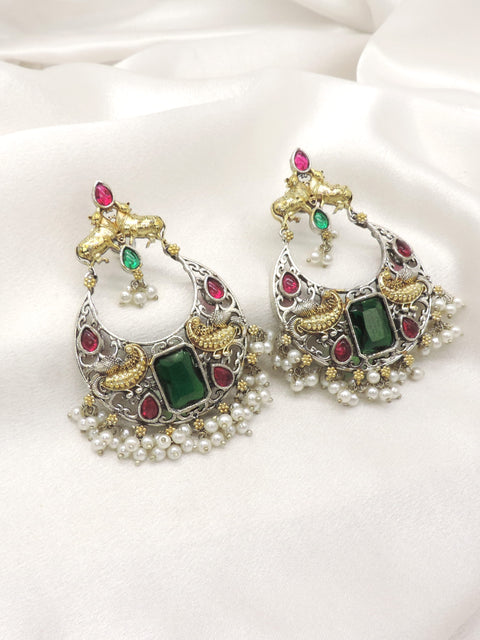 Peacock Dual Tone Pearl Cuff Earrings by Joyrias