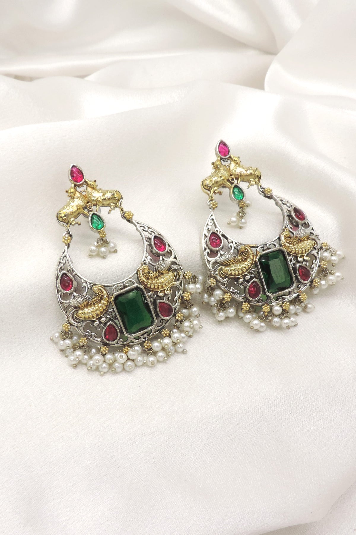 Peacock Dual Tone Pearl Cuff Earrings by Joyrias