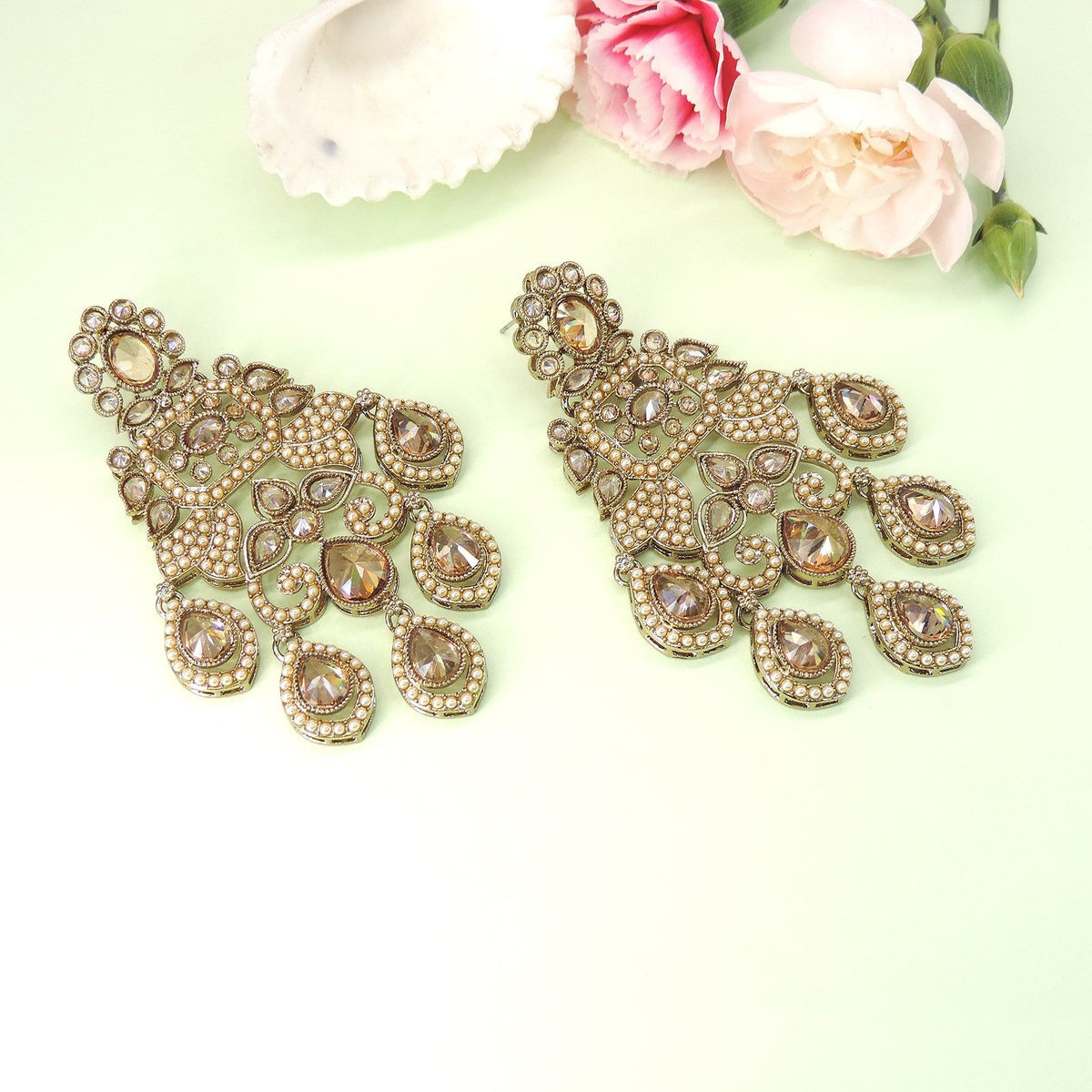 Champagne Gold Kundan Chandelier Earrings ? Luxe Bridal Statement Image 0
