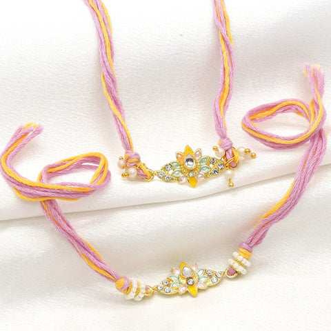 Pastel floral kundan CZ bhaiya bhabhi rakhi set by Joyrias
