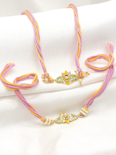 Pastel floral kundan CZ bhaiya bhabhi rakhi set by Joyrias