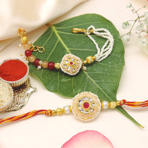 Circular Kundan Pearl Bhaiya Bhabhi Rakhi Set