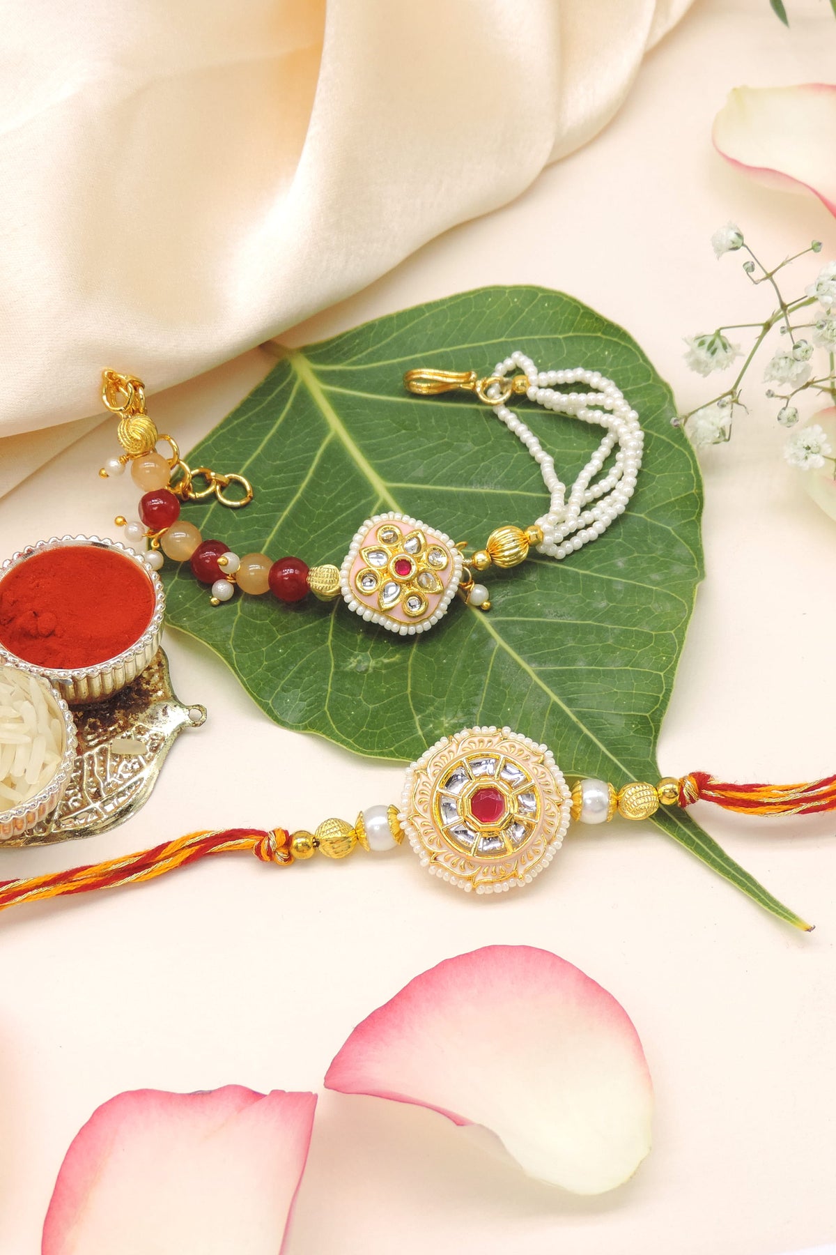 Circular Kundan Pearl Bhaiya Bhabhi Rakhi Set