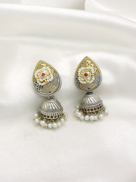 Dual Tone Pearl Jhumka Earrings by Joyrias