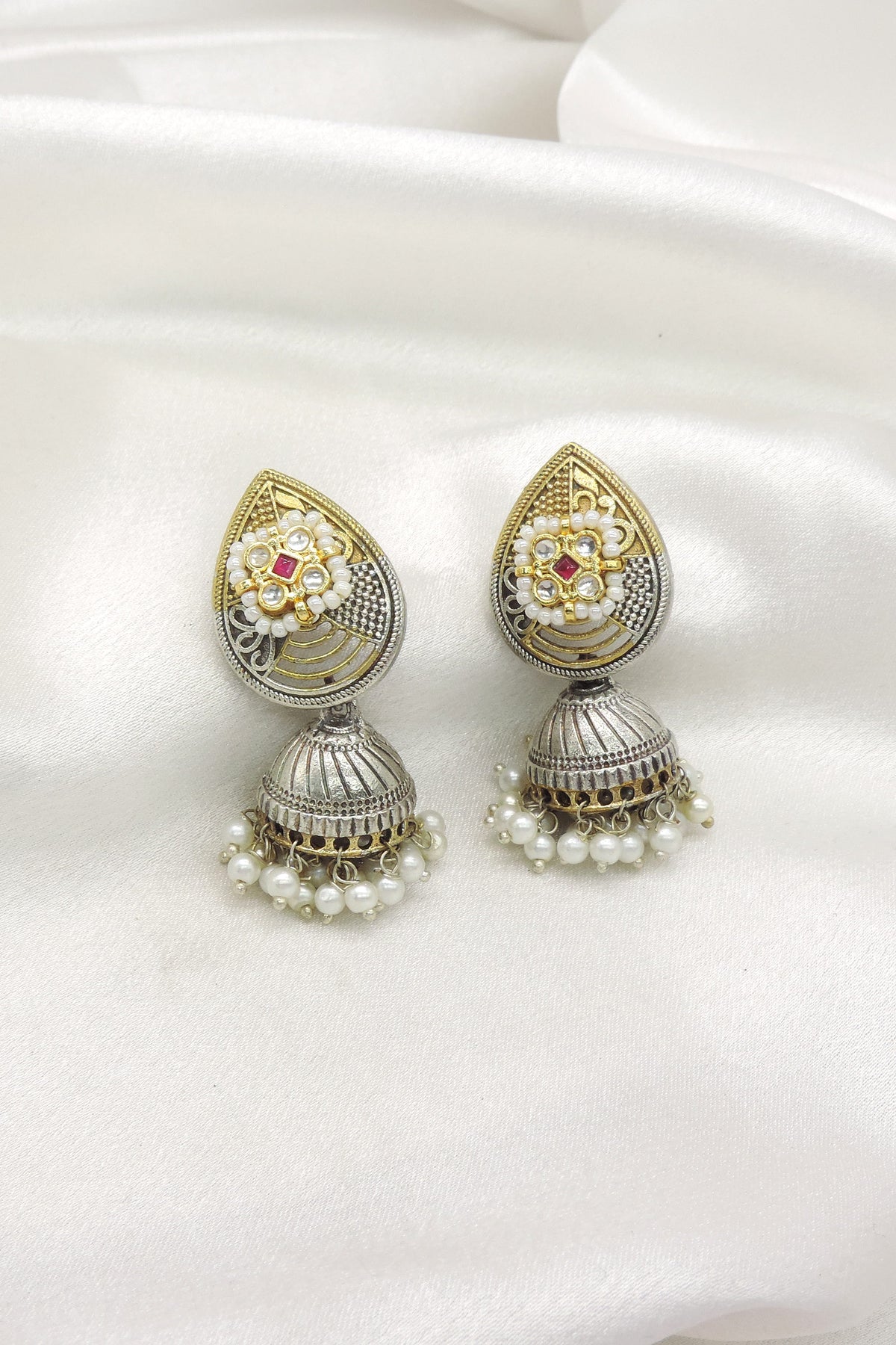 Dual Tone Pearl Jhumka Earrings by Joyrias