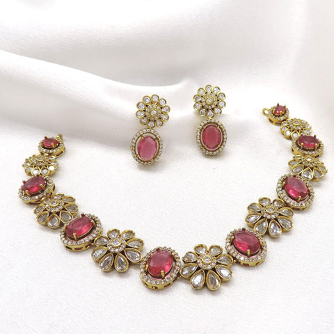 Ruby floral CZ AD necklace set with matching earrings by joyrias