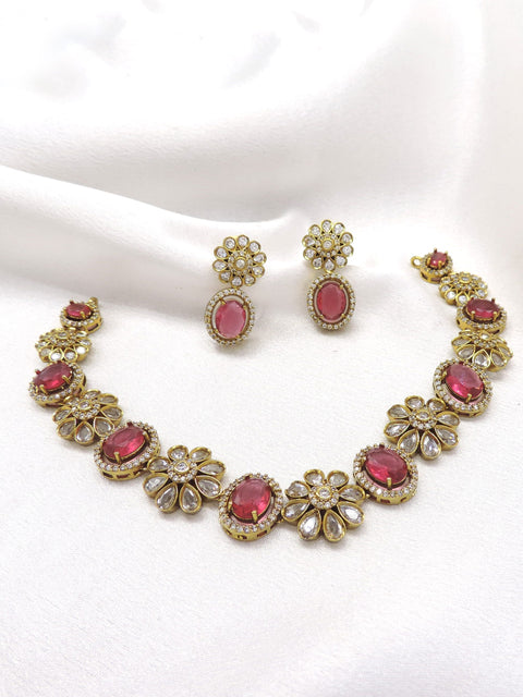 Ruby floral CZ AD necklace set with matching earrings by joyrias
