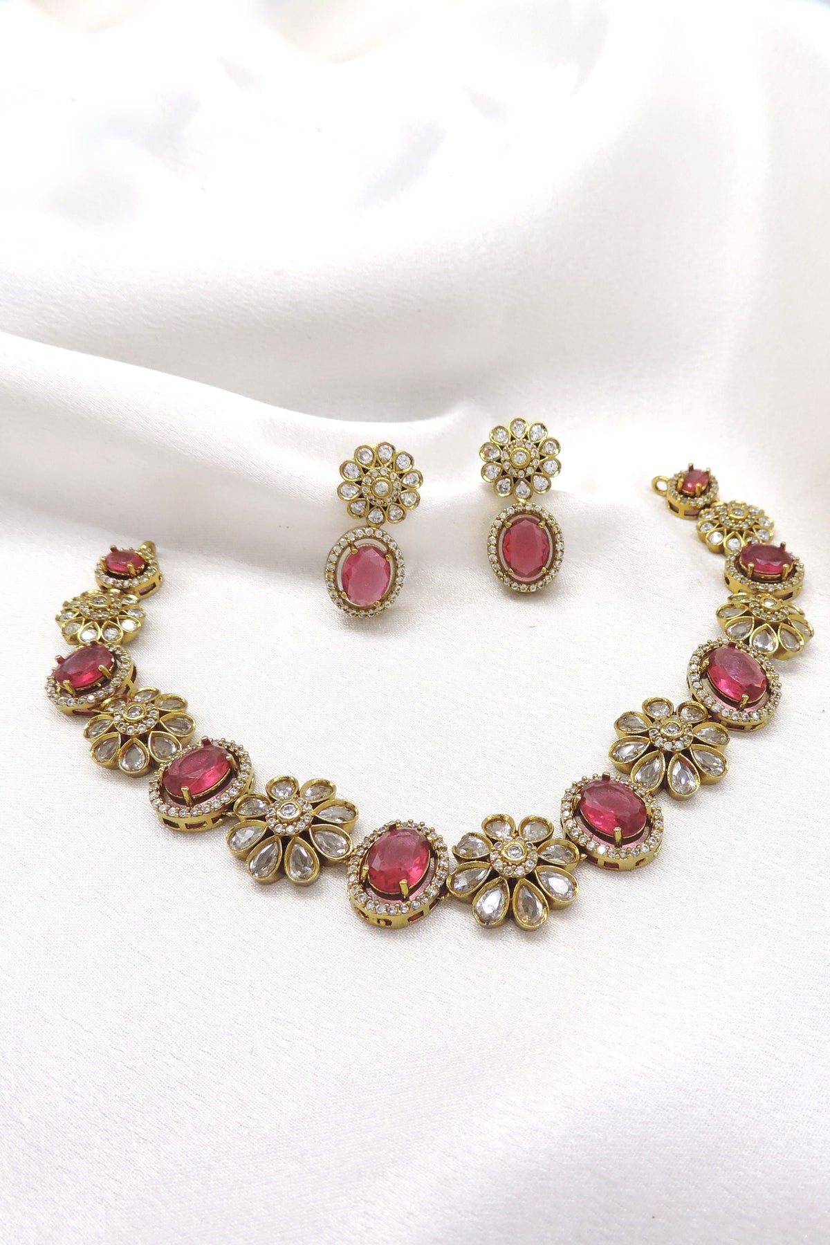 Ruby floral CZ AD necklace set with matching earrings by joyrias