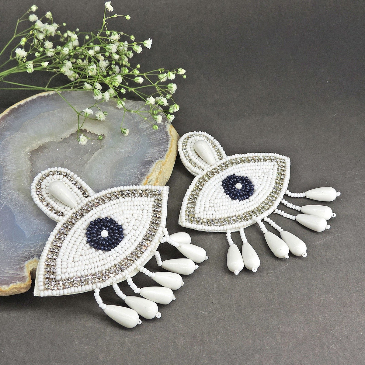 White evil eye earrings – Indian evil eye protection earrings for women USA – Joyrias