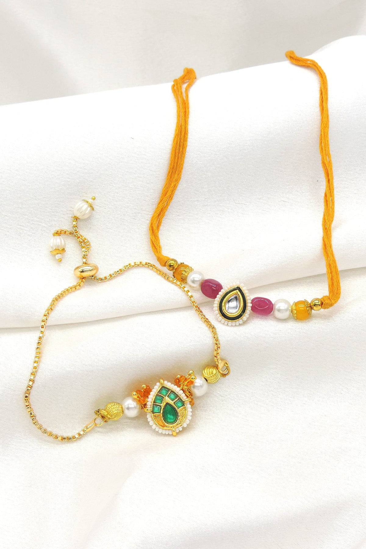 Purple Pink Kundan Pearl Bhaiya Bhabhi Rakhi Set