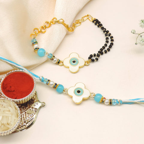 Floral Evil Eye Turquoise Mangalsutra Bhaiya Bhabhi Rakhi Set