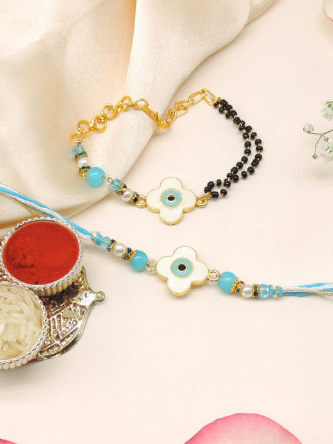 Floral Evil Eye Turquoise Mangalsutra Bhaiya Bhabhi Rakhi Set