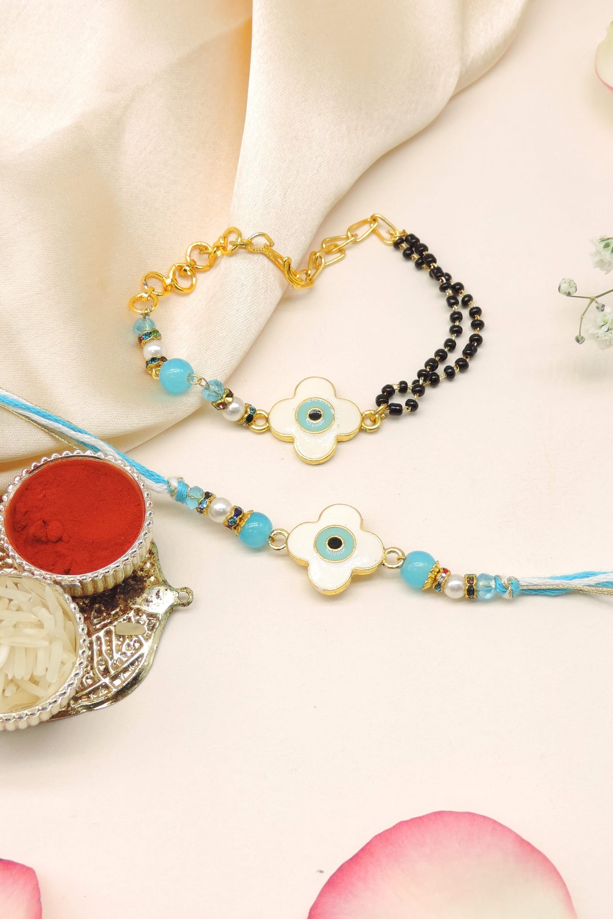 Floral Evil Eye Turquoise Mangalsutra Bhaiya Bhabhi Rakhi Set