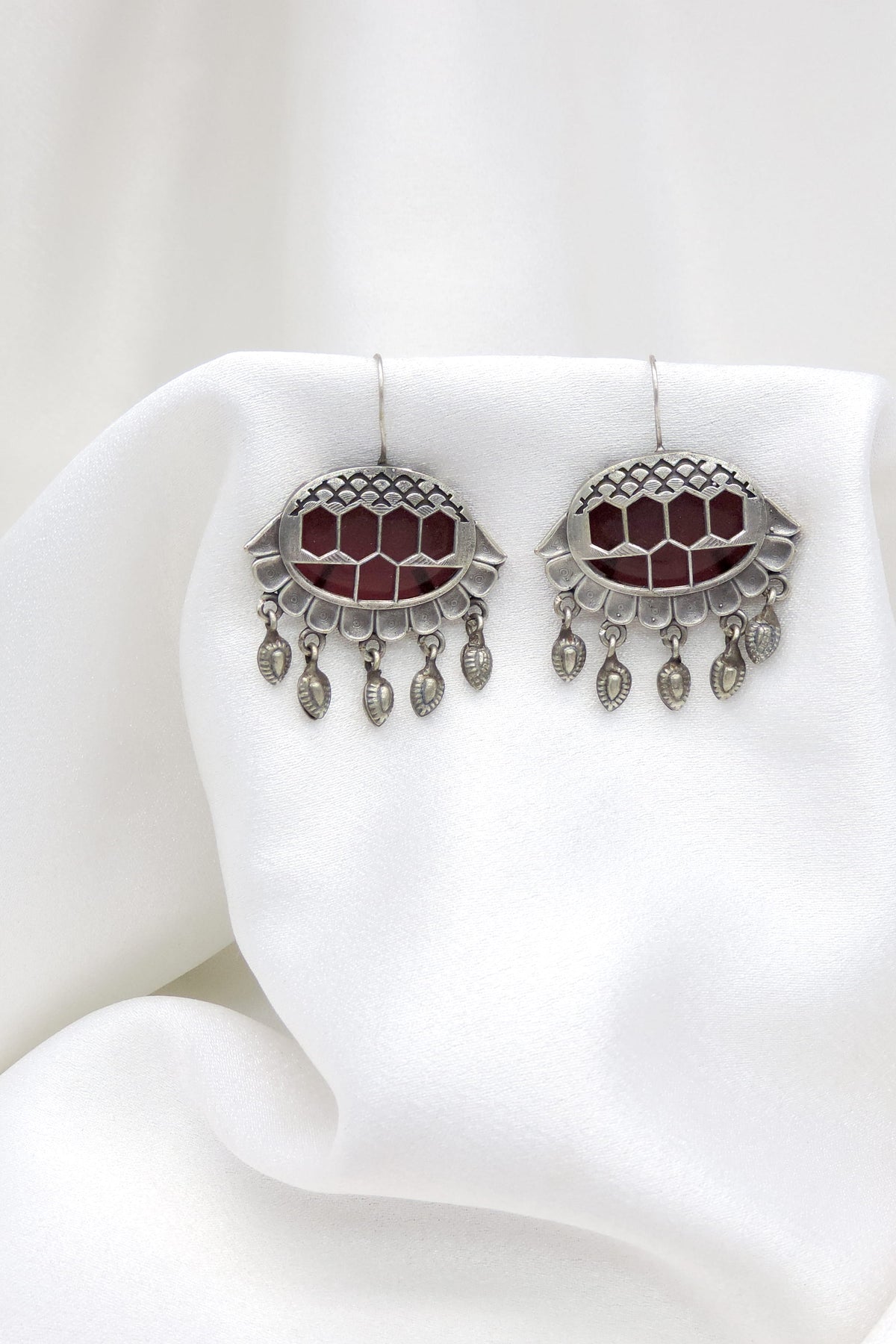 Oxidized Silver Green Enamel Geometric Drop Earrings