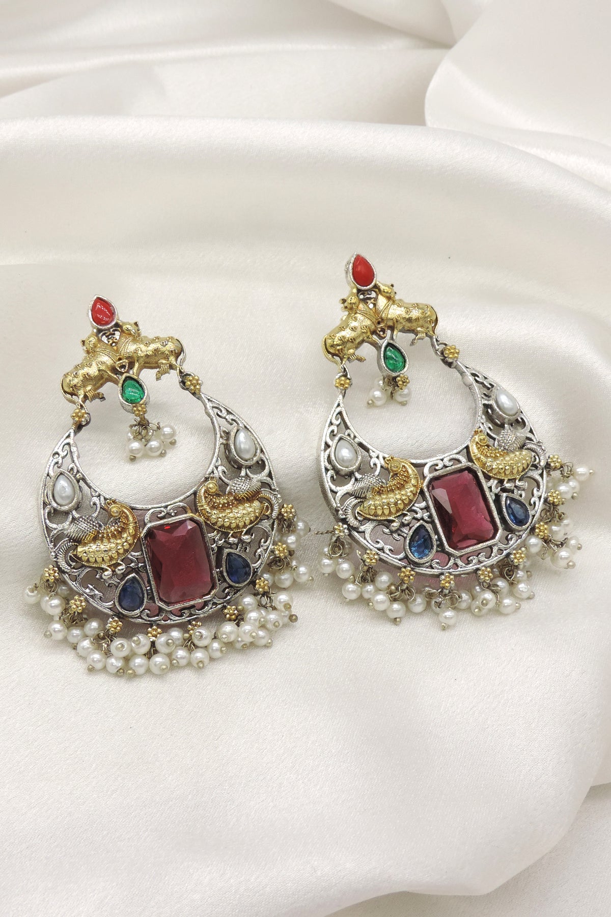 Peacock Dual Tone Pearl Cuff Earrings