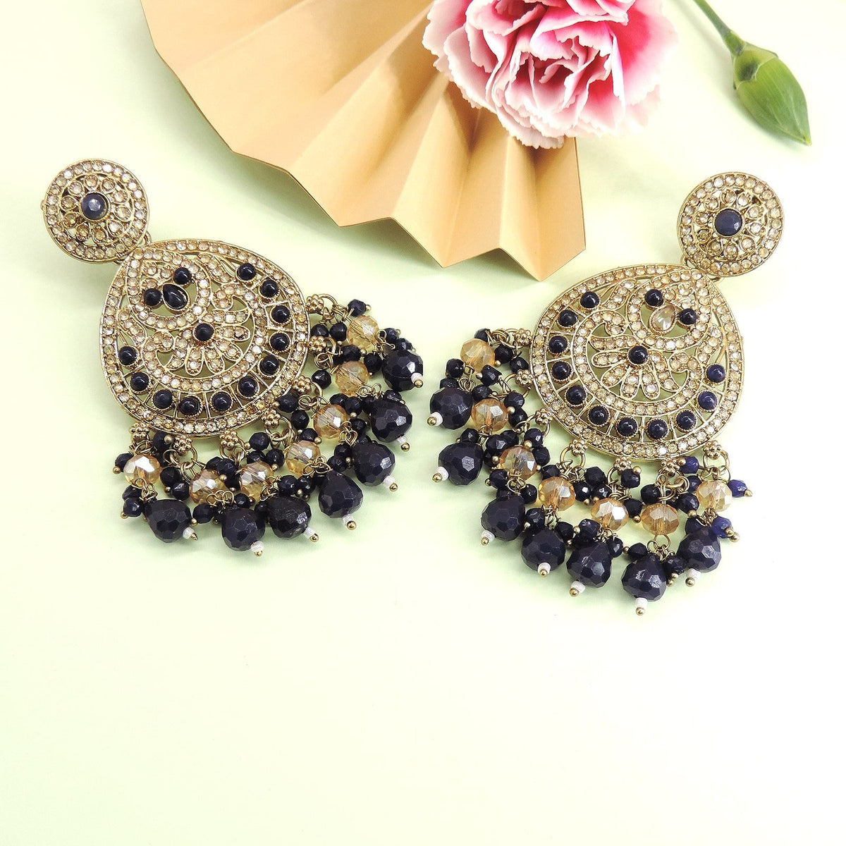 Black and gold Kundan statement earrings – luxe Indian festive collection USA – Joyrias